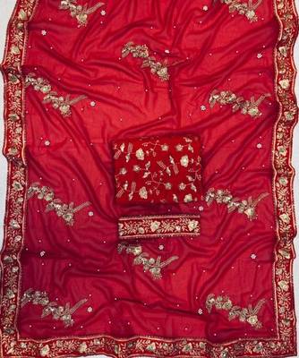 Red Zari sequin Embroidered Georgette Saree 4