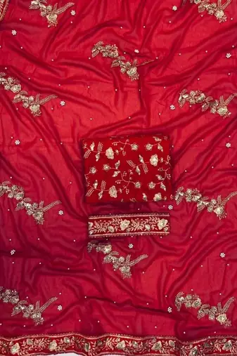 Red Zari sequin Embroidered Georgette Saree