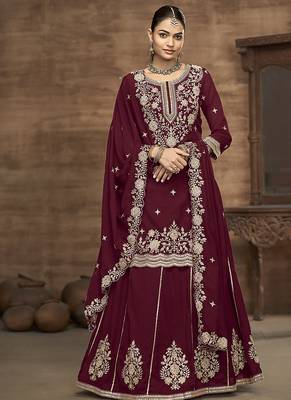 Vichitra silk blend embroidered maroon readymade suit 2