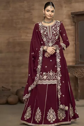 Vichitra silk blend embroidered maroon readymade suit