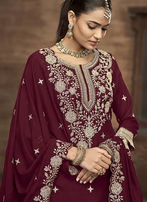 Vichitra silk blend embroidered maroon readymade suit 3