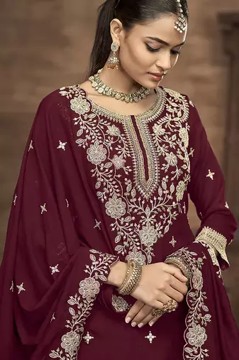 Vichitra silk blend embroidered maroon readymade suit