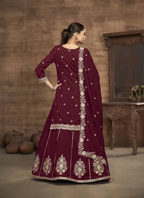 Vichitra silk blend embroidered maroon readymade suit 4
