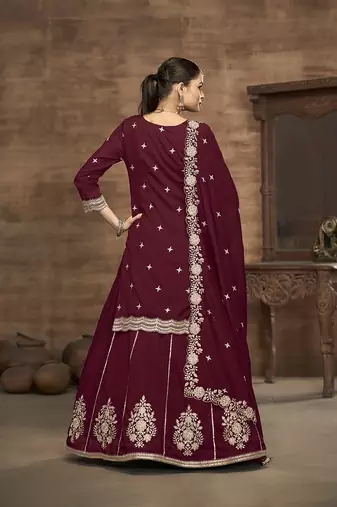 Vichitra silk blend embroidered maroon readymade suit