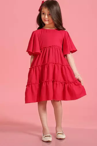Solid Polyester Wedding Dress for Girls - A-Line, Round Neck, Half Sleeves