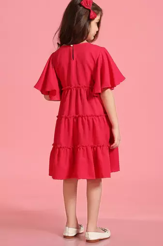 Solid Polyester Wedding Dress for Girls - A-Line, Round Neck, Half Sleeves