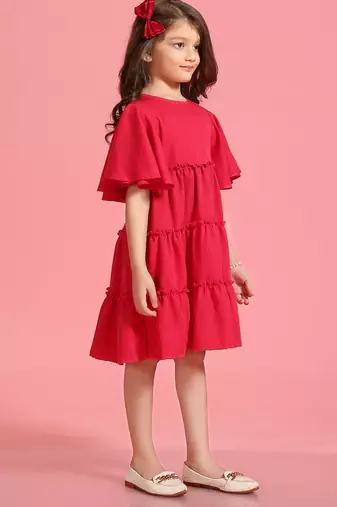Solid Polyester Wedding Dress for Girls - A-Line, Round Neck, Half Sleeves