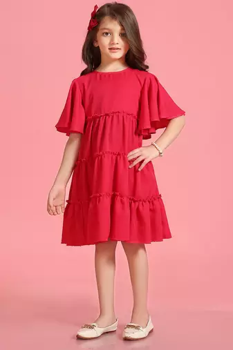 Solid Polyester Wedding Dress for Girls - A-Line, Round Neck, Half Sleeves