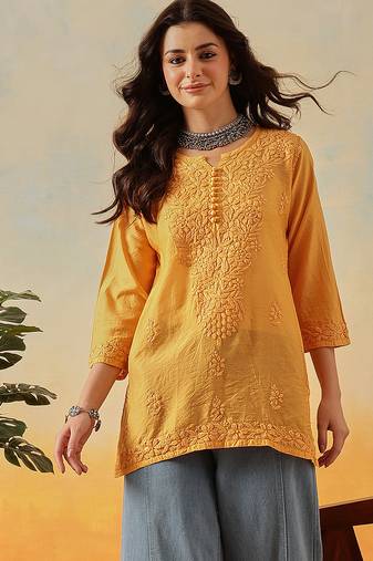 Hand embroidered mustard chanderi lucknowi chikankari indian women short kurti