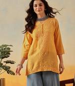 Hand embroidered mustard chanderi lucknowi chikankari indian women short kurti
