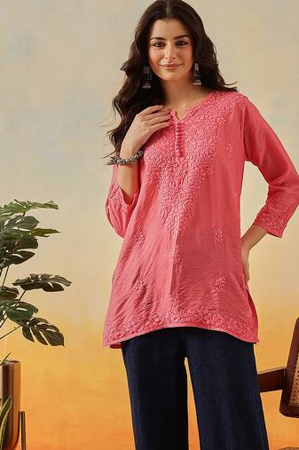 Hand embroidered carrot pink chanderi lucknowi chikankari indian women short kurti