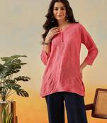 Hand embroidered carrot pink chanderi lucknowi chikankari indian women short kurti