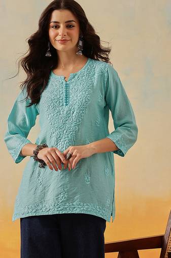 Hand embroidered sky blue chanderi lucknowi chikankari indian women short kurti