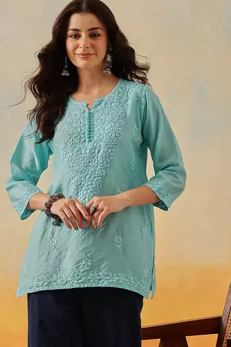 Hand embroidered sky blue chanderi lucknowi chikankari indian women short kurti