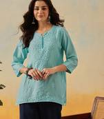 Hand embroidered sky blue chanderi lucknowi chikankari indian women short kurti