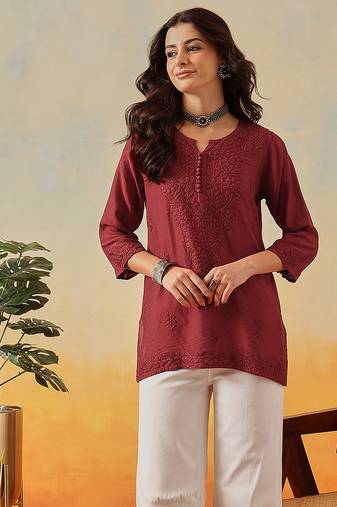 Hand embroidered maroon chanderi lucknowi chikankari indian women short kurti