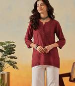 Hand embroidered maroon chanderi lucknowi chikankari indian women short kurti