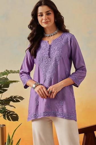 Hand embroidered mauve chanderi lucknowi chikankari indian women short kurti