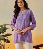 Hand embroidered mauve chanderi lucknowi chikankari indian women short kurti