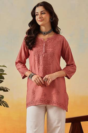 Hand embroidered dusty peach chanderi lucknowi chikankari indian women short kurti