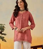 Hand embroidered dusty peach chanderi lucknowi chikankari indian women short kurti