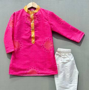 Pink bandhni kurta set with pant for boys 2