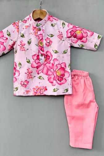 Pink floral kurta with pant for boys