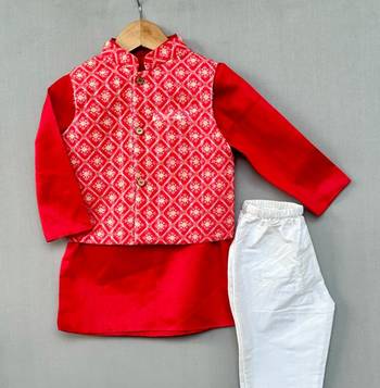Ethnic nehru jacket set with red kurta and pants for boys 1