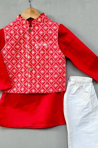 Ethnic nehru jacket set with red kurta and pants for boys
