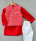Ethnic nehru jacket set with red kurta and pants for boys