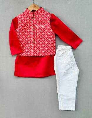 Ethnic nehru jacket set with red kurta and pants for boys 2