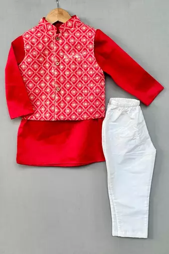 Ethnic nehru jacket set with red kurta and pants for boys