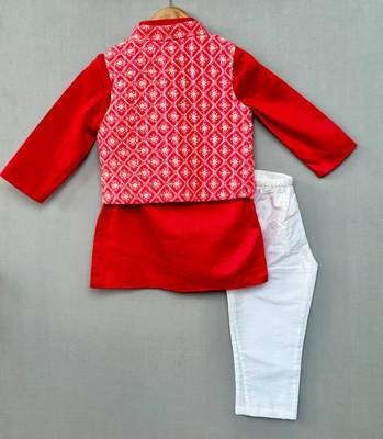 Ethnic nehru jacket set with red kurta and pants for boys 3