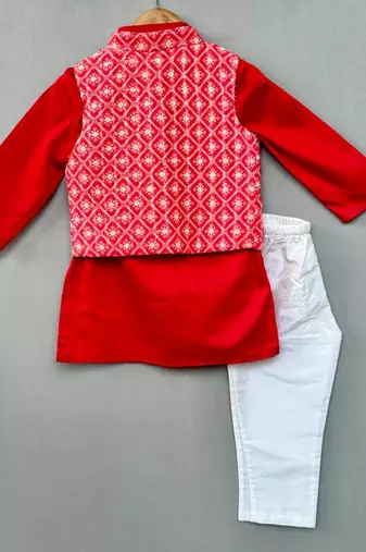 Ethnic nehru jacket set with red kurta and pants for boys
