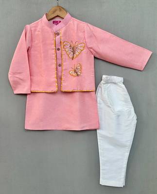 Butterfly embroidered attached jacket set in pink for boys 1