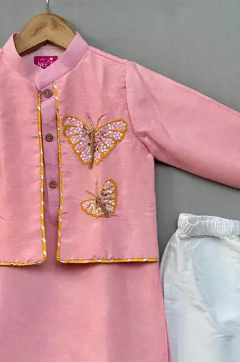 Butterfly embroidered attached jacket set in pink for boys