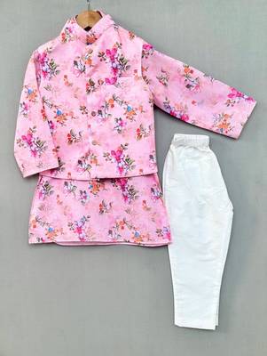 Pink floral print nehru jacket with kurta and pant for boys 1