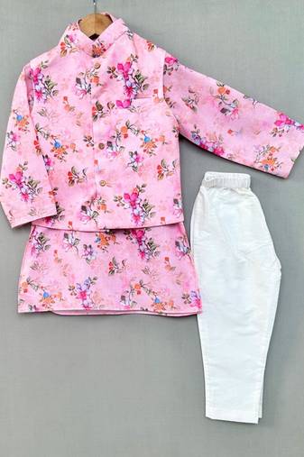 Pink floral print nehru jacket with kurta and pant for boys
