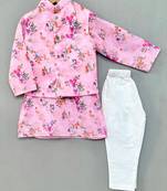 Pink floral print nehru jacket with kurta and pant for boys