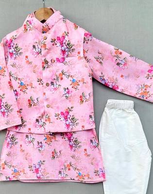Pink floral print nehru jacket with kurta and pant for boys 2