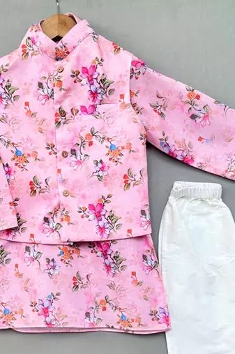 Pink floral print nehru jacket with kurta and pant for boys