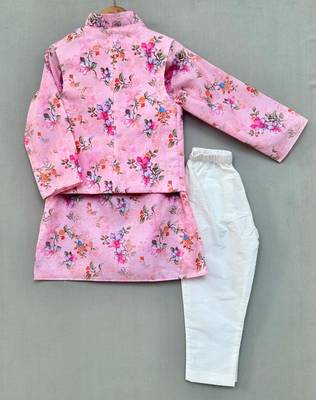 Pink floral print nehru jacket with kurta and pant for boys 3