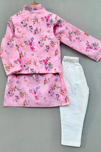 Pink floral print nehru jacket with kurta and pant for boys