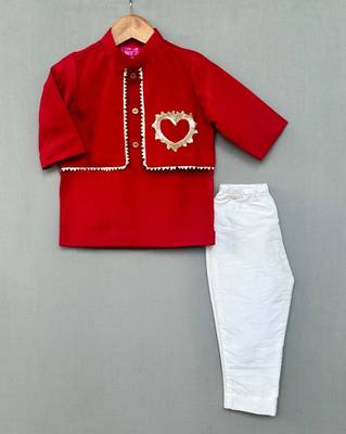 Sequin heart embroidered attached jacket with kurta & pant for boys 1