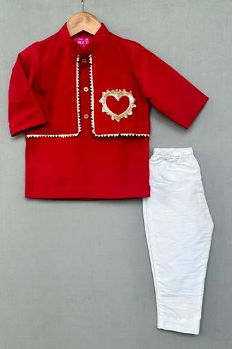Sequin heart embroidered attached jacket with kurta & pant for boys