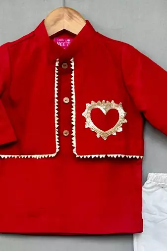 Sequin heart embroidered attached jacket with kurta & pant for boys