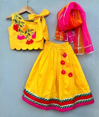 Floral & pearl embroidered top with matching lehenga in yellow for girls 1