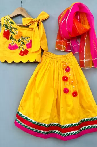 Floral & pearl embroidered top with matching lehenga in yellow for girls