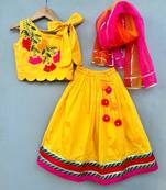 Floral & pearl embroidered top with matching lehenga in yellow for girls