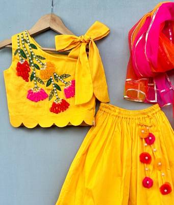 Floral & pearl embroidered top with matching lehenga in yellow for girls 2